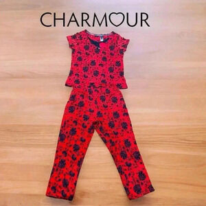 Charmour, Floral Red & Black Pajama Set - Cozy Comfort, Small 🌙